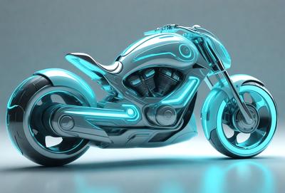The primary subject of the image is a futuristic motorcycle, which is the main object, scene, or focus of the image. The motorcycle is blue and silver, and it is displayed on a blue background. The visual style of the image is digital art, as it appears to be a computer-generated or digitally rendered image. The colors and mood of the image are predominantly blue, giving it a sleek and modern appearance.