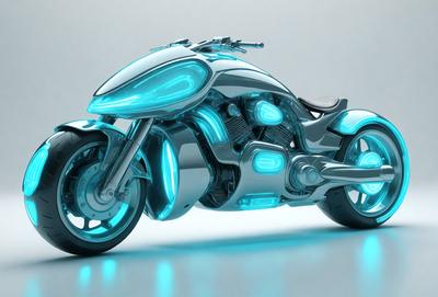 The primary subject of the image is a futuristic motorcycle with a blue and silver color scheme. The motorcycle is prominently displayed in the foreground, with its sleek design and glowing blue accents. The setting is a white background, which provides a clean and minimalist backdrop for the motorcycle. The visual style of the image is digital art, as it appears to be a computer-generated or digitally rendered image. The colors and mood of the image are predominantly blue and silver, giving