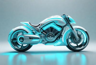 The primary subject of the image is a futuristic motorcycle, which is the main object, scene, or focus of the image. The motorcycle is positioned on a blue surface, which serves as the setting or background. The visual style of the image is digital art, as it is a computer-generated or digitally rendered image. The dominant colors in the image are blue and silver, creating a sleek and modern atmosphere.