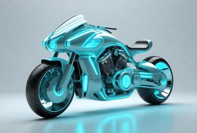 The primary subject of the image is a futuristic motorcycle. The motorcycle is blue and silver, with a sleek and modern design. The setting is a white background, which provides a clean and minimalist look. The visual style is digital art, as the motorcycle appears to be a 3D model or computer-generated image. The colors and mood of the image are futuristic and high-tech, with the blue and silver motorcycle being the main focus of the scene.