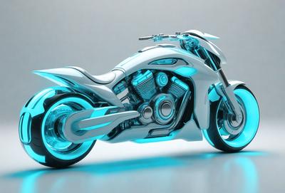 The primary subject of the image is a futuristic motorcycle. The motorcycle is white and blue, with a sleek design. The setting is a white background, which provides a clean and minimalist look. The visual style is digital art, as the motorcycle appears to be a 3D model or a CGI creation. The colors and mood of the image are predominantly blue and white, giving it a futuristic and high-tech appearance.