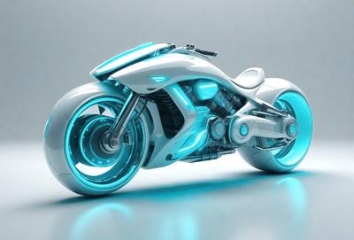 The primary subject of the image is a futuristic motorcycle, which is the main object, scene, or focus of the image. The motorcycle is white and blue, and it is displayed on a blue surface. The visual style of the image is digital art, as it is a computer-generated or digitally rendered image. The colors and mood of the image are predominantly blue, giving it a futuristic and sleek appearance.