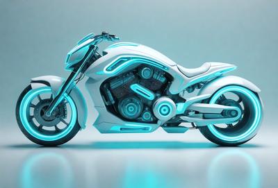 The primary subject of the image is a futuristic motorcycle with a white and blue color scheme. The motorcycle is prominently displayed in the foreground, with its sleek design and glowing blue lights. The setting is a blue background, which complements the motorcycle's colors and adds to the overall visual style. The image appears to be a digital art or illustration, showcasing the motorcycle as the main focus and creating a sense of motion and excitement.