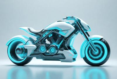 The primary subject of the image is a futuristic motorcycle with a blue and white color scheme. The motorcycle is prominently displayed in the foreground, with its sleek design and glowing blue accents. The setting is a white background, which provides a clean and minimalist look to the image. The visual style is a combination of digital art and illustration, creating a striking and eye-catching image. The colors and mood of the image are predominantly blue and white, giving it a modern and