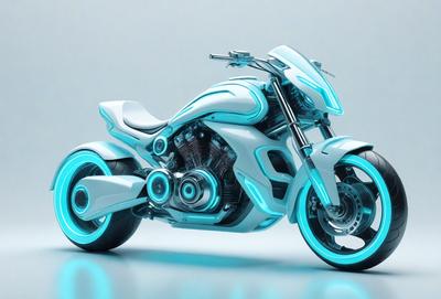 The primary subject of the image is a futuristic motorcycle with a white and blue color scheme. The motorcycle is prominently displayed in the foreground, with its sleek design and glowing blue wheels. The setting is a white background, which provides a clean and minimalist appearance to the scene. The visual style of the image is digital art, as it showcases a highly detailed and intricate design. The colors and mood of the image are predominantly blue and white, giving it a futuristic