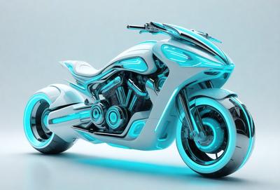 The primary subject of the image is a futuristic motorcycle with a blue and white color scheme. The motorcycle is prominently displayed in the foreground, with its sleek design and glowing blue accents. The setting is a white background, which provides a clean and minimalist backdrop for the motorcycle. The visual style of the image is a combination of digital art and illustration, creating a striking and futuristic appearance. The colors and mood of the image are predominantly blue and white, giving