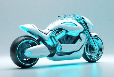 The primary subject of the image is a futuristic motorcycle. The motorcycle is white and blue, with a sleek design. The setting is a blue background, which complements the colors of the motorcycle. The visual style is digital art, as the motorcycle appears to be a 3D model. The colors and mood of the image are futuristic and high-tech, with the blue and white colors creating a sense of speed and innovation.