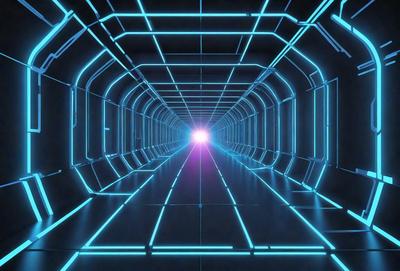 The primary subject of the image is a tunnel with a blue lighting effect. The setting is a futuristic environment, possibly a space station or a high-tech facility. The visual style is a combination of digital art and illustration, creating a unique and captivating atmosphere. The dominant colors are blue and purple, giving the scene a futuristic and otherworldly feel.