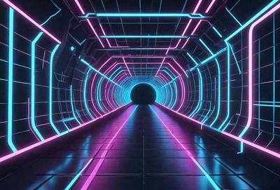 The primary subject of the image is a tunnel with a neon lighting effect. The setting is a dark tunnel with a brightly lit interior. The visual style is a digital art or illustration, creating a futuristic and colorful atmosphere. The dominant colors are pink, blue, and purple, giving the scene a vibrant and lively mood.