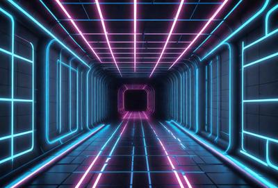 The primary subject of the image is a long, narrow, and brightly lit tunnel with a blue neon lighting. The setting is a futuristic environment, possibly a space station or a high-tech facility. The visual style is a digital art or illustration, with the tunnel's walls and floor featuring a pattern of blue and pink neon lights. The colors and mood of the image are vibrant and energetic, creating a sense of excitement and adventure.