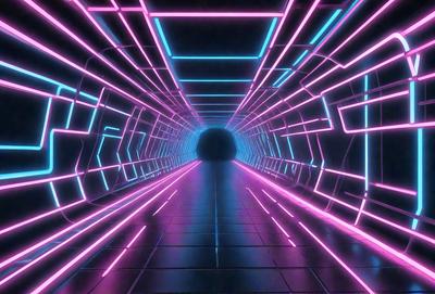 The primary subject of the image is a tunnel with a neon lighting effect. The setting is a dark tunnel with a brightly lit interior. The visual style is a digital art or illustration, creating a futuristic and colorful atmosphere. The dominant colors are pink, blue, and purple, giving the scene a vibrant and lively mood.