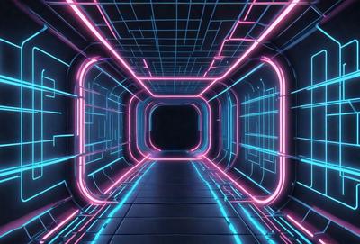 The primary subject of the image is a brightly lit tunnel with a neon-colored design. The setting is a futuristic environment, possibly a space station or a futuristic city. The visual style is a combination of digital art and illustration, creating a vibrant and dynamic atmosphere. The dominant colors are pink, blue, and green, which contribute to the futuristic and space-themed ambiance.