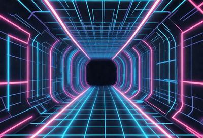 The primary subject of the image is a brightly lit tunnel with a blue and pink neon lighting. The setting is a futuristic environment, possibly a space station or a futuristic city. The visual style is a digital art or illustration, with a vibrant and colorful atmosphere. The dominant colors are blue and pink, creating a sense of excitement and wonder.