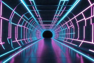 The primary subject of the image is a tunnel with a brightly colored, neon-lit interior. The setting is a dark, enclosed space, and the visual style is a combination of photo and digital art. The dominant colors are pink, blue, and purple, creating a vibrant and lively atmosphere.
