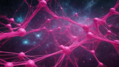 The primary subject of the image is a pink, three-dimensional structure that resembles a network of interconnected tubes or a web. The setting is a purple background, which adds to the overall mood of the image. The visual style is a combination of digital art and illustration, creating a unique and intriguing design. The colors and mood of the image are predominantly pink, which gives it a warm and inviting atmosphere.