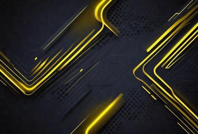 The primary subject of the image is a black background with yellow lines and shapes. The setting is a futuristic or abstract environment, with the background featuring a pattern of yellow lines and shapes. The visual style is a combination of digital art and illustration, creating a unique and eye-catching design. The dominant colors are yellow and black, giving the image a bold and futuristic mood.