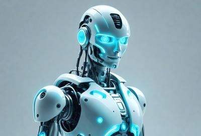 The primary subject of the image is a robot with a blue and white color scheme. The robot is the main focus of the image, and it is displayed in a futuristic setting. The visual style of the image is digital art, as it appears to be a computer-generated or digitally rendered robot. The colors and mood of the image are predominantly blue and white, giving it a sleek and modern appearance.