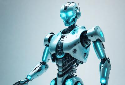 The primary subject of the image is a robot with a blue and white color scheme. The robot is the main focus of the image, and it is depicted in a futuristic setting. The visual style of the image is digital art, as it appears to be a computer-generated or digitally rendered robot. The dominant colors in the image are blue and white, giving the robot a sleek and modern appearance.