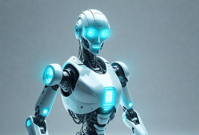 The primary subject of the image is a robot with a white and blue color scheme. The robot is standing in a gray environment, which serves as the background. The visual style of the image is digital art, as it is a computer-generated representation of the robot. The dominant colors in the image are white and blue, giving the robot a sleek and modern appearance.