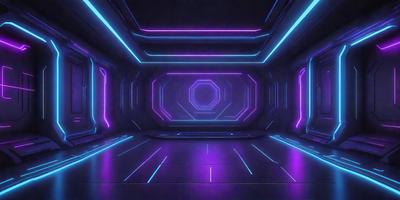 The primary subject of the image is a futuristic, purple-lit room with a circular window. The room appears to be a part of a space station or a futuristic building. The setting is a dark, purple-lit environment, which gives the room a mysterious and futuristic atmosphere. The visual style of the image is a combination of digital art and illustration, creating a unique and captivating scene. The dominant colors in the image are purple and blue, which contribute to the overall mood of