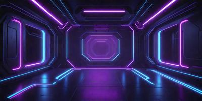 The primary subject of the image is a purple tunnel with a blue light illuminating it. The setting is a futuristic environment, possibly a space station or a futuristic city. The visual style is a combination of digital art and illustration, creating a unique and captivating atmosphere. The dominant colors are purple and blue, which contribute to the futuristic and otherworldly mood of the scene.