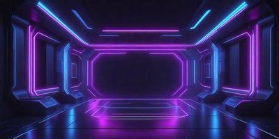 The primary subject of the image is a futuristic room with purple neon lights. The room appears to be a large, open space with a purple and blue color scheme. The setting is a futuristic environment, possibly a space station or a high-tech facility. The visual style of the image is a combination of digital art and illustration, creating a unique and captivating atmosphere. The dominant colors in the image are purple and blue, which contribute to the futuristic and otherworldly mood of the