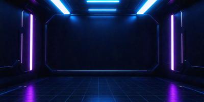 The primary subject of the image is a large, dark room with a blue glow. The setting is a black and blue room with a blue glow, and the visual style is a digital art or illustration. The dominant colors and overall atmosphere are dark and moody, with a hint of futuristic or sci-fi vibe.