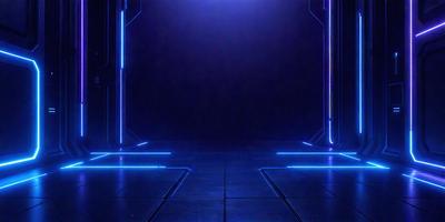 The primary subject of the image is a blue, neon-lit hallway. The setting is a dark room with a blue background, creating a futuristic and mysterious atmosphere. The visual style is a digital art or illustration, with the blue lighting and the overall composition giving it a unique and captivating appearance.
