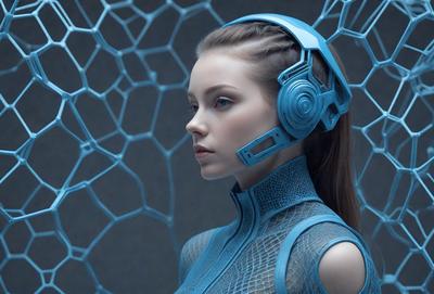 The primary subject of the image is a woman wearing a blue outfit and headphones. She is standing in front of a blue background, which adds to the overall blue theme of the scene. The visual style of the image is a combination of photo and digital art, creating a unique and eye-catching appearance. The woman's outfit and headphones give the image a futuristic and modern mood.