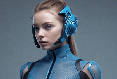 The primary subject of the image is a woman wearing a futuristic blue outfit, which includes a blue helmet. She is posing for the camera, showcasing her unique and stylish attire. The setting appears to be a studio or a controlled environment, as the woman is the main focus of the image. The visual style is a combination of digital art and illustration, creating a captivating and futuristic atmosphere. The colors and mood of the image are predominantly blue, which adds to the