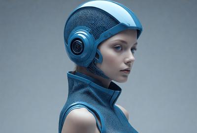The primary subject of the image is a woman wearing a futuristic blue helmet. The setting is a white background, which provides a clean and minimalist look. The visual style is a digital art, as the woman is depicted in a futuristic and high-tech manner. The colors and mood of the image are predominantly blue, giving it a cool and modern feel.
