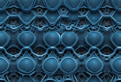 The primary subject of the image is a blue patterned surface, which appears to be a textured wall or a blue mesh. The setting is a room with a blue background, and the visual style is a combination of a photo and digital art. The dominant colors are blue and black, creating a cool and modern atmosphere.