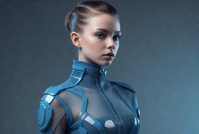 The primary subject of the image is a woman wearing a blue outfit. She is posing for the camera, and her outfit appears to be futuristic or cyberpunk in style. The setting is a dark room, which adds to the overall mood of the image. The visual style is a combination of photo and digital art, creating a unique and intriguing scene. The colors in the image are predominantly blue, which contributes to the futuristic and cyberpunk atmosphere.