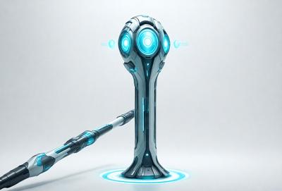 The primary subject of the image is a futuristic-looking blue and white object, which appears to be a combination of a light and a wand. The setting is a white background, which provides a clean and minimalist appearance. The visual style is a digital art or illustration, as the object is depicted with a high level of detail and precision. The colors and mood of the image are predominantly blue and white, giving it a sleek and modern feel.