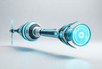 The primary subject of the image is a futuristic-looking blue and silver object, which appears to be a combination of a drill and a light. The setting is a white background, which provides a clean and minimalist look to the image. The visual style is a digital art or illustration, as the object is depicted in a highly detailed and intricate manner. The colors and mood of the image are predominantly blue and silver, giving it a sleek and modern appearance.