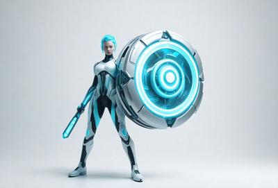 The primary subject of the image is a woman dressed in a futuristic outfit, holding a large, blue, circular object. The setting appears to be a white background, which emphasizes the woman and her unique attire. The visual style of the image is digital art, as it is a well-crafted and detailed illustration. The colors and mood of the image are predominantly blue and futuristic, creating a sense of technology and innovation.