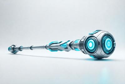 The primary subject of the image is a futuristic-looking silver and blue object, which appears to be a weapon or a piece of technology. The setting is a white background, which provides a clean and minimalist appearance to the image. The visual style is a combination of digital art and illustration, creating a sense of depth and detail in the object's design. The colors and mood of the image are predominantly silver and blue, giving it a sleek and modern feel.