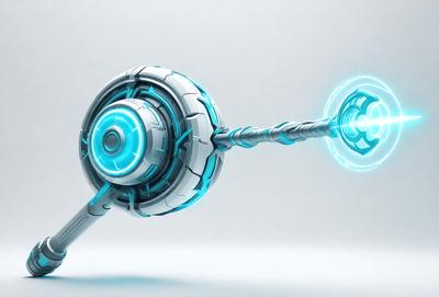 The primary subject of the image is a futuristic-looking device, possibly a weapon or a piece of technology, with a blue and white color scheme. The setting is a white background, which provides a clean and minimalist appearance. The visual style is a combination of digital art and illustration, creating a unique and intriguing design. The colors and mood of the image are predominantly blue and white, giving it a sleek and modern feel.