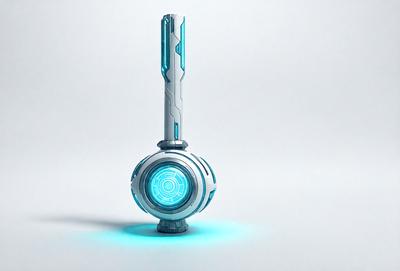 The primary subject of the image is a blue and silver object, which appears to be a futuristic-looking device. The setting is a white background, which provides a clean and minimalist appearance. The visual style is a combination of digital art and illustration, creating a unique and intriguing design. The colors and mood of the image are predominantly blue and silver, giving it a sleek and modern feel.