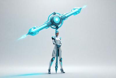 The primary subject of the image is a woman dressed in a futuristic outfit, standing in a white room. She is holding a blue and green staff in her hand. The setting appears to be a futuristic environment, possibly a laboratory or a space station. The visual style of the image is digital art, as it is a well-crafted and detailed illustration. The colors and mood of the image are predominantly blue and green, giving it a futuristic and technological atmosphere.