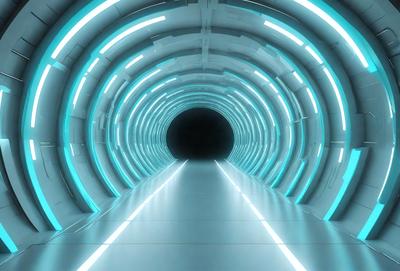 The primary subject of the image is a long, brightly lit tunnel with a blue glow. The tunnel appears to be a futuristic, high-tech environment. The setting is a tunnel with a blue light illuminating the space. The visual style is a digital art or illustration, creating a futuristic atmosphere. The colors and mood are predominantly blue, giving the scene a cool and modern vibe.