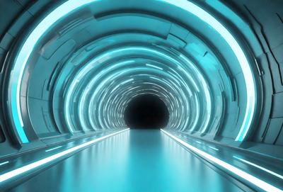 The primary subject of the image is a tunnel with a blue light illuminating it. The tunnel appears to be a part of a futuristic city, as it is surrounded by a blue light that creates a unique atmosphere. The setting is a futuristic city, and the visual style is a combination of photo and digital art. The dominant colors are blue and white, creating a sense of depth and modernity.