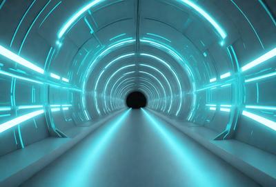 The primary subject of the image is a tunnel with a blue light illuminating it. The tunnel appears to be a futuristic, high-tech environment. The setting is a white room with a blue light, creating a contrasting atmosphere. The visual style is a digital art or illustration, giving the image a unique and futuristic appearance. The dominant colors are blue and white, with the blue light creating a sense of depth and intrigue.
