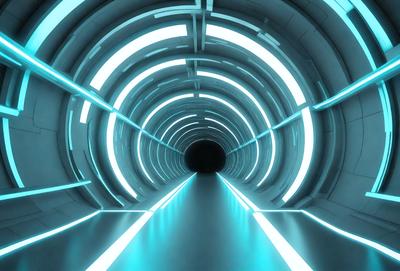The primary subject of the image is a long, narrow, and brightly lit tunnel. The tunnel is illuminated by a series of bright lights, creating a visually striking scene. The setting is a futuristic environment, possibly a space station or a high-tech facility. The visual style of the image is a combination of photo and digital art, giving it a unique and captivating appearance. The dominant colors in the image are blue and white, which contribute to the overall atmosphere of the scene.
