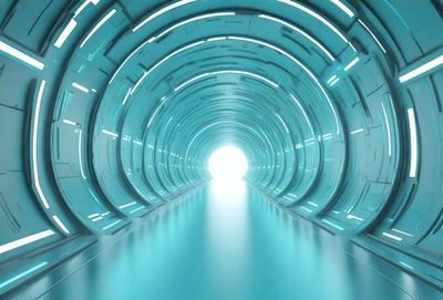 The primary subject of the image is a tunnel with a blue light illuminating it. The tunnel appears to be a futuristic, high-tech structure. The setting is a space station, as indicated by the presence of the tunnel. The visual style is a digital art, as the tunnel is depicted in a futuristic manner. The dominant colors are blue and white, creating a calm and futuristic atmosphere.