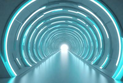 The primary subject of the image is a tunnel with a blue light illuminating it. The setting is a futuristic environment, possibly a space station or a high-tech facility. The visual style is a combination of photo and digital art, creating a unique and captivating atmosphere. The dominant colors are blue and white, giving the scene a sense of depth and sophistication.