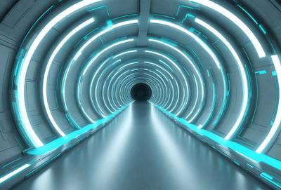 The primary subject of the image is a long, narrow, and brightly lit tunnel. The tunnel is illuminated by a series of blue lights, creating a futuristic and visually striking atmosphere. The setting is a tunnel, and the visual style is a digital art or illustration. The dominant colors are blue, and the overall mood is one of modernity and technological advancement.