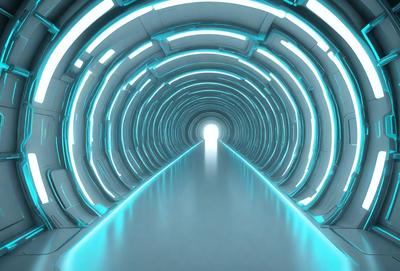 The primary subject of the image is a long, narrow tunnel with a blue light illuminating it. The tunnel appears to be a part of a futuristic setting, possibly a space station or a high-tech facility. The visual style of the image is a combination of photo and digital art, creating a unique and captivating atmosphere. The dominant colors in the image are blue and white, which contribute to the futuristic and technological feel of the scene.