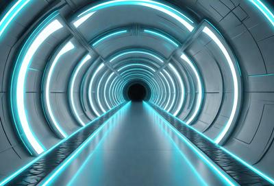 The primary subject of the image is a long, narrow, and brightly lit tunnel. The setting is a futuristic environment, possibly a space station or a high-tech facility. The visual style is a combination of photo and digital art, creating a unique and captivating atmosphere. The dominant colors are blue and white, which contribute to the futuristic and technological feel of the scene.
