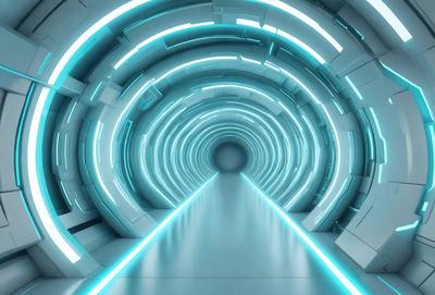 The primary subject of the image is a long, narrow, and brightly lit tunnel. The setting is a futuristic environment, with the tunnel being illuminated by a series of blue lights. The visual style is a combination of a photo and digital art, creating a unique and captivating atmosphere. The dominant colors are blue and white, giving the scene a clean and modern feel.